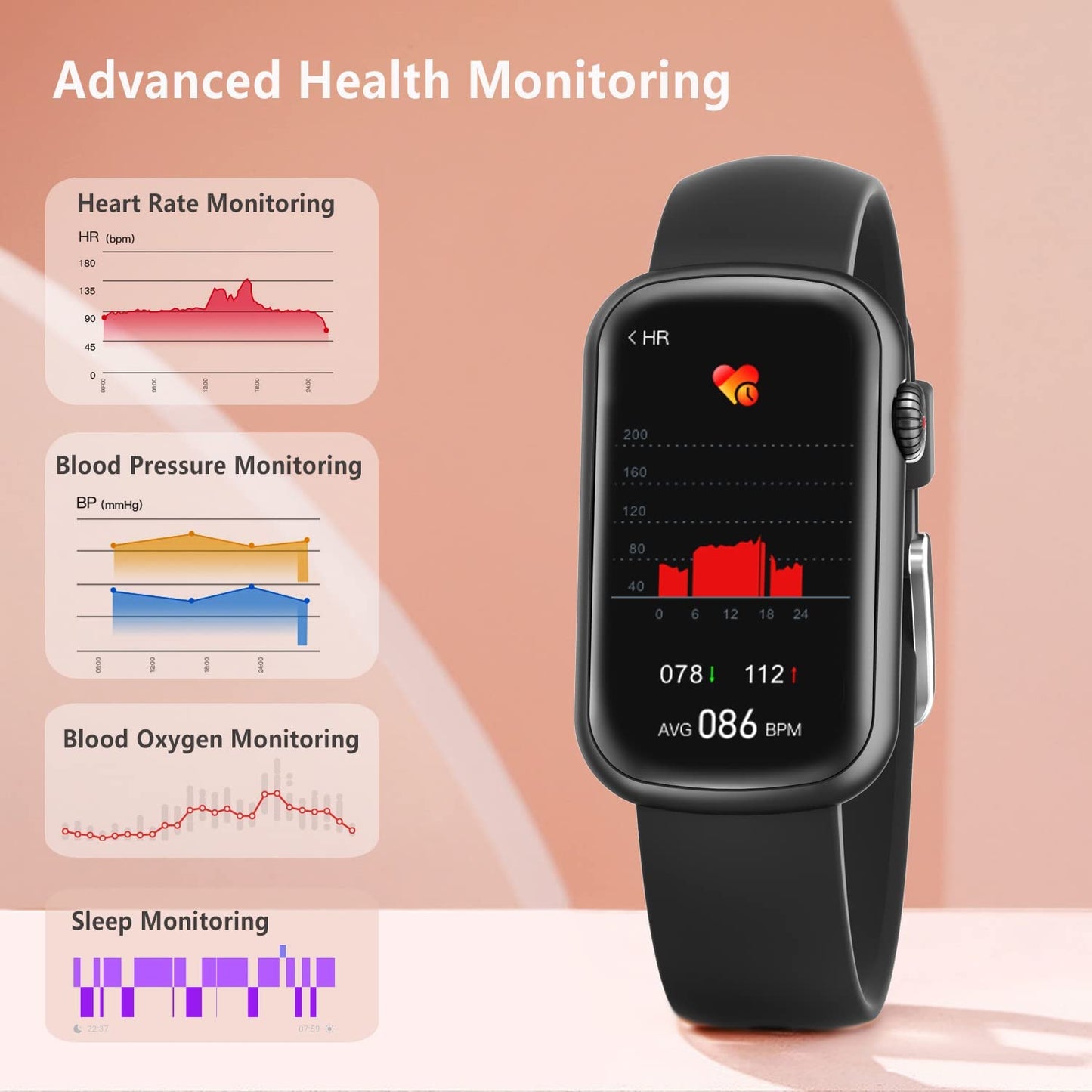 Slim Fitness Tracker with Blood Oxygen, Blood Pressure, 24/7 Heart Rate and Slee